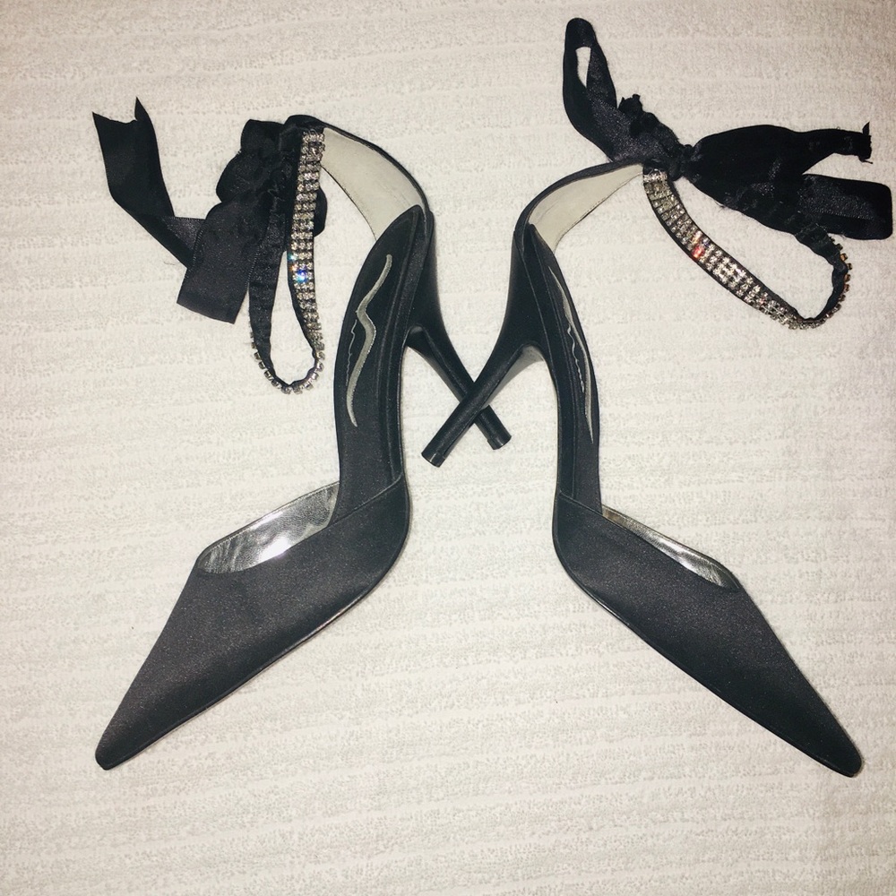 Nina Black Satin Heels w/ Rhinestone Straps